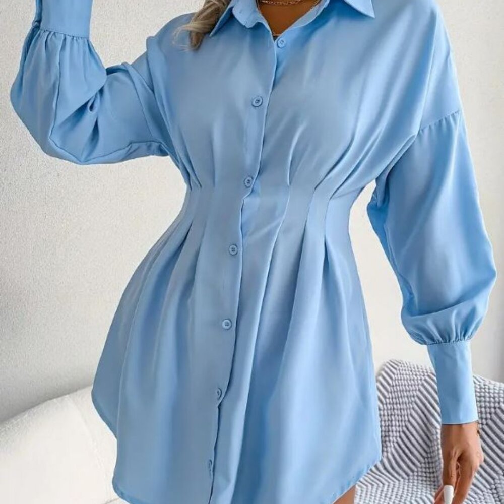 Women's Pleated Long Sleeve Mini T Shirt Dress Lapel Collar Button Flared Ruched